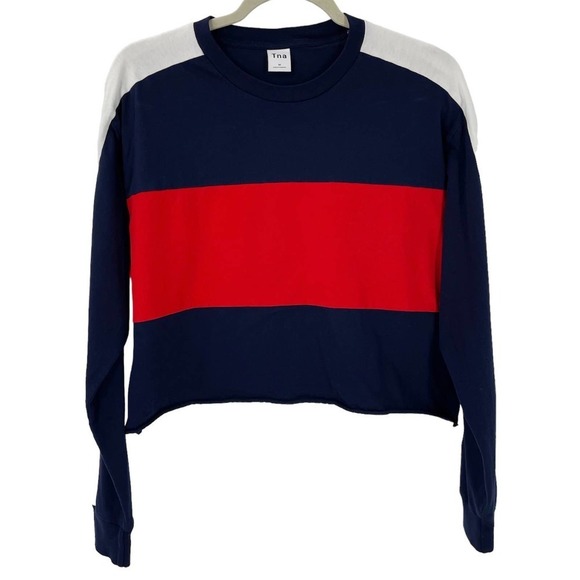 Aritzia TNA M Agden T-Shirt Long Sleeve Colorblock Navy Red White 69443 - Picture 4 of 9